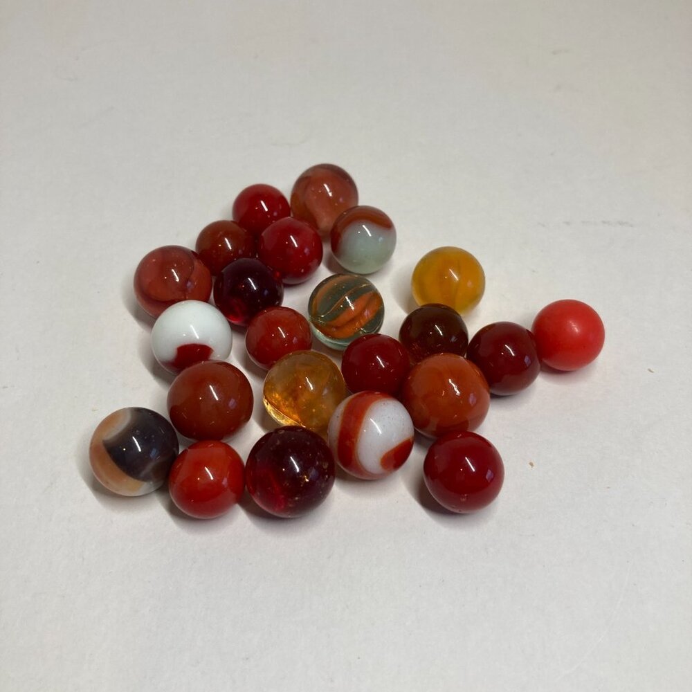 23 Vintage Glass Marbles Mixed Lot Red Orange Shiny Swirls Solid Assorted
